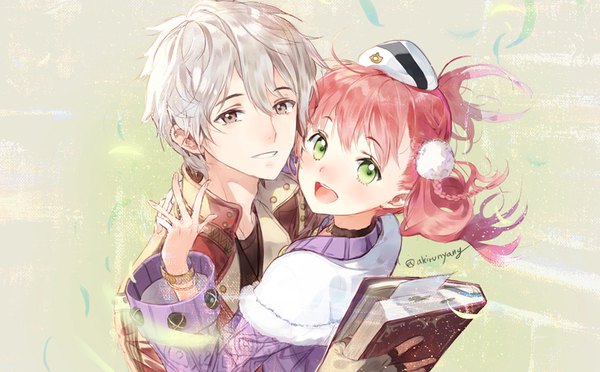 Anime picture 800x496 with atelier (series) atelier escha & logy gust (company) escha malier logix ficsario macciatto (aciel02) long hair looking at viewer fringe short hair open mouth hair between eyes wide image twintails green eyes signed pink hair silver hair grey eyes couple