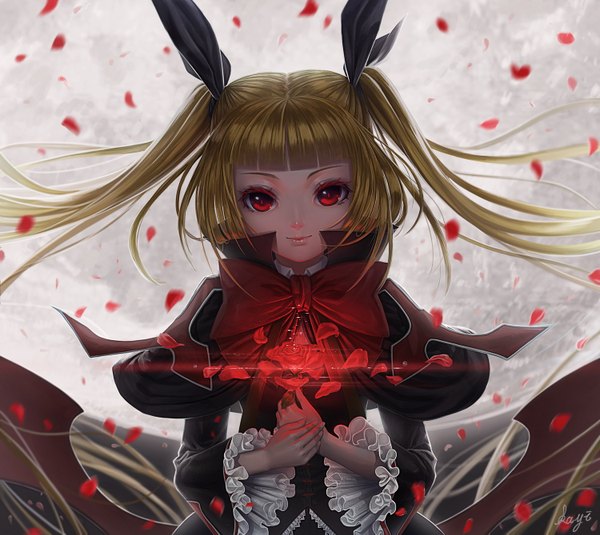 Anime picture 1500x1339 with blazblue rachel alucard kayi single long hair looking at viewer fringe blonde hair smile red eyes twintails holding light smile wind night girl flower (flowers) bow hair bow petals