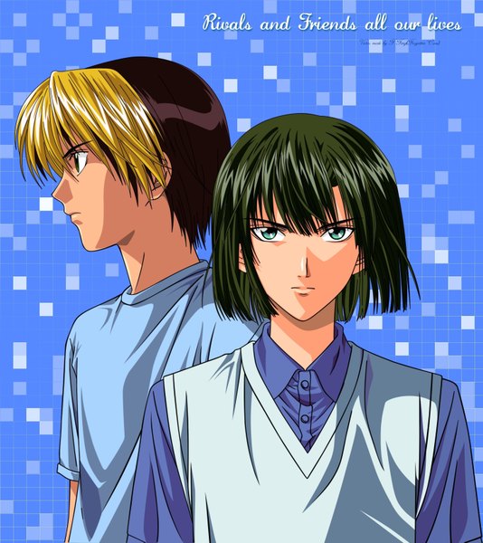 Anime picture 2932x3298 with hikaru no go studio pierrot shindou hikaru akira toya tall image highres blonde hair simple background brown hair profile multicolored hair aqua eyes green hair boy shirt vest t-shirt