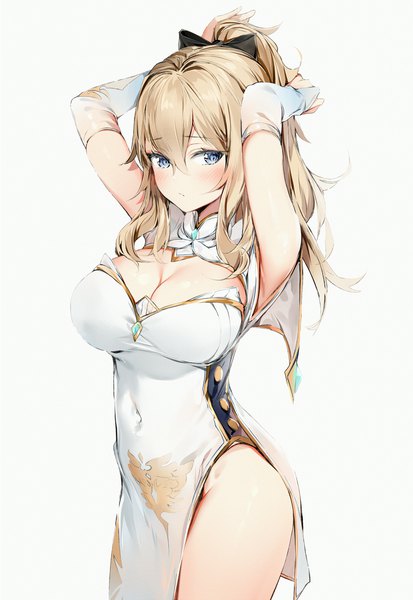 Anime picture 2350x3412 with genshin impact jean gunnhildr silver (chenwen) single long hair tall image looking at viewer blush fringe highres breasts blue eyes light erotic simple background blonde hair hair between eyes large breasts white background payot cleavage