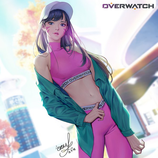 Anime picture 1500x1500 with overwatch blizzard entertainment d.va (overwatch) soo kyung oh single long hair looking at viewer fringe blue eyes black hair standing bare shoulders signed outdoors parted lips head tilt lips blurry realistic off shoulder