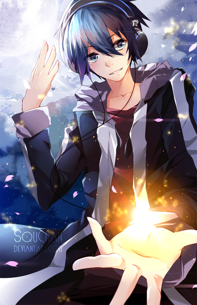 Anime picture 776x1200 with original kareshi (original) squchan single tall image short hair blue eyes smile blue hair sky cloud (clouds) sunlight open clothes open jacket magic boy petals jacket headphones wire (wires)