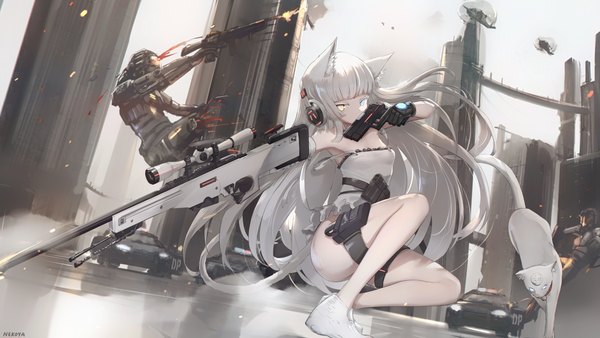 Anime picture 7680x4320 with girls frontline awp (girls frontline) (nekoya (liu)) nekoya (liu) long hair fringe highres blue eyes light erotic wide image bare shoulders holding animal ears yellow eyes absurdres full body outdoors white hair tail blunt bangs animal tail