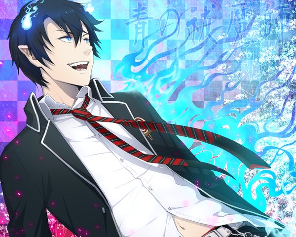 Anime picture 1000x800 with ao no exorcist a-1 pictures okumura rin chimachi single short hair open mouth blue eyes black hair smile pointy ears glowing checkered background boy necktie