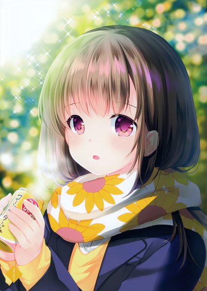 Anime picture 2844x4000 with original azuma yuki single long hair tall image blush highres open mouth brown hair purple eyes looking away scan sparkle girl uniform school uniform scarf can