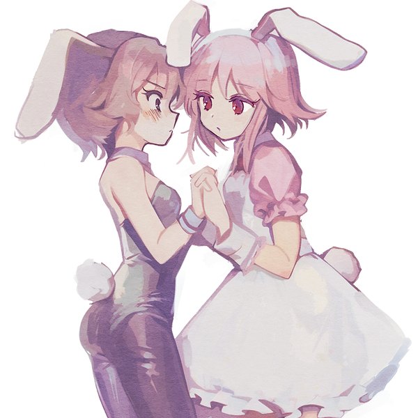 Anime picture 800x800 with original koroneri blush fringe short hair light erotic simple background red eyes white background multiple girls animal ears looking away pink hair tail animal tail profile black eyes short sleeves bunny ears holding hands