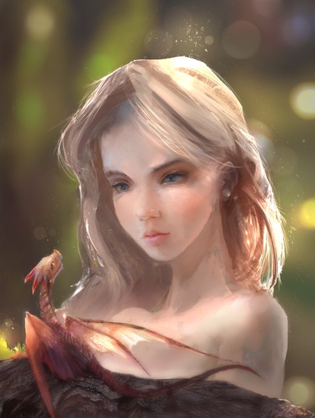 Anime picture 1164x1543 with original trungth (artist) single long hair tall image blue eyes blonde hair bare shoulders profile sunlight realistic face to face girl dragon