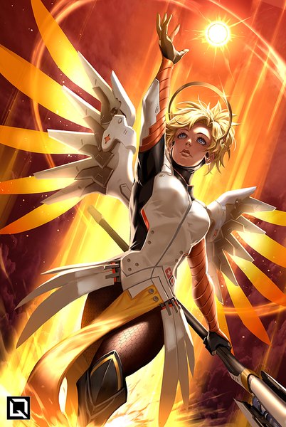 Anime picture 604x900 with overwatch blizzard entertainment mercy (overwatch) quirkilicious single tall image short hair blue eyes blonde hair ponytail arm up lips light looking up mechanical wings girl pantyhose wings staff mechanical halo