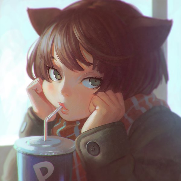 Anime picture 1080x1080 with original ilya kuvshinov single looking at viewer fringe short hair brown hair green eyes animal ears long sleeves lips cat ears arm support close-up face drinking bored girl scarf buttons