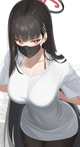 Anime picture 5000x9110 with blue archive rio (blue archive) re-leaf single long hair tall image looking at viewer fringe highres breasts black hair red eyes standing absurdres blunt bangs alternate costume hands behind back girl hair ornament pantyhose