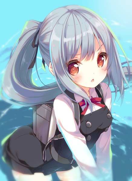 Anime picture 800x1097 with kantai collection kasumi destroyer p19 single long hair tall image looking at viewer blush fringe short hair red eyes standing payot ponytail from above wind :o leaning leaning forward remodel (kantai collection)
