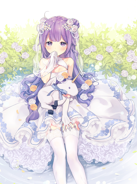 Anime picture 1000x1336 with azur lane unicorn (azur lane) silltare single long hair tall image looking at viewer sitting purple eyes bare shoulders signed purple hair ahoge outdoors from above hair bun (hair buns) twitter username covered mouth girl thighhighs
