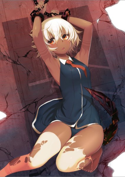 Anime picture 2480x3508 with black rock shooter strength (black rock shooter) mdastarou single tall image looking at viewer blush highres short hair light erotic white hair barefoot from above bare legs armpit (armpits) orange eyes sleeveless dark skin chinese clothes restrained