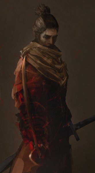 Anime picture 1126x2048 with sekiro: shadows die twice from software sekiro graffitigw single tall image short hair black hair simple background standing ponytail eyes closed brown background boy weapon sword katana