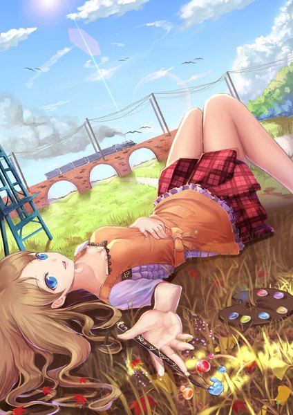 Anime picture 1160x1641 with original shoonia single long hair tall image looking at viewer blue eyes brown hair sky cloud (clouds) lying plaid skirt autumn girl skirt plant (plants) animal bird (birds) leaf (leaves) grass