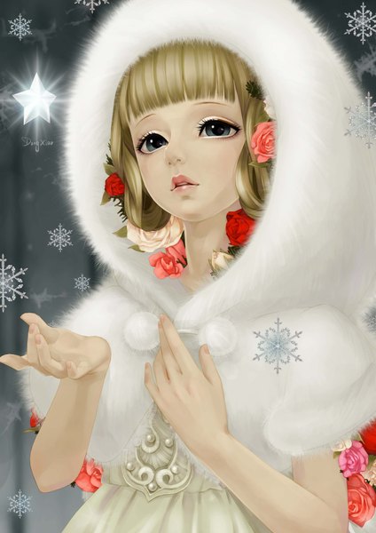 Anime picture 2480x3508 with original dong xiao single tall image highres short hair blonde hair signed hair flower grey eyes snow girl hair ornament flower (flowers) star (symbol) hood snowflake (snowflakes)