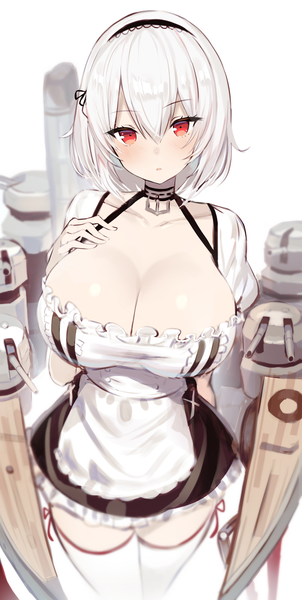 Anime picture 1484x2942 with azur lane sirius (azur lane) greatmosu single tall image looking at viewer blush fringe short hair breasts open mouth light erotic simple background hair between eyes red eyes large breasts standing white background cleavage white hair