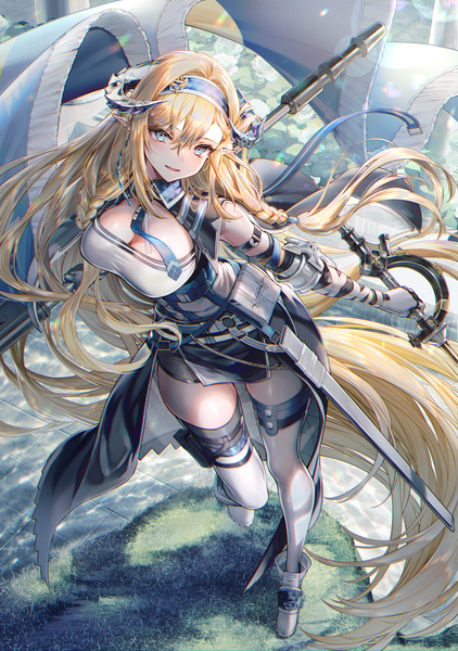 Anime picture 1275x1812 with arknights saileach (arknights) tarutaru yamaoka single tall image looking at viewer fringe breasts open mouth blue eyes blonde hair smile hair between eyes large breasts standing holding cleavage full body outdoors braid (braids)