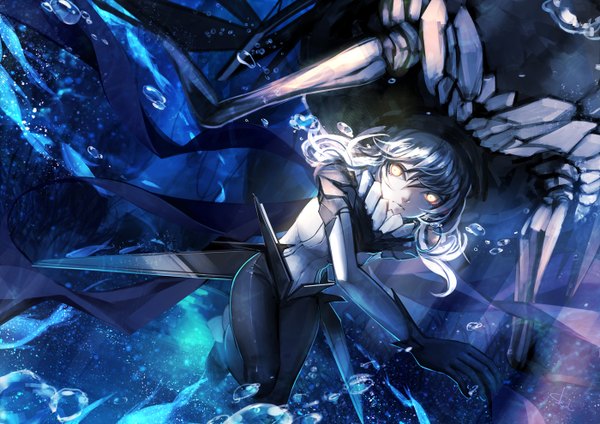 Anime picture 1400x990 with kantai collection wo-class aircraft carrier skade single long hair looking at viewer yellow eyes grey hair teeth pale skin underwater shinkaisei-kan girl gloves black gloves water cape bodysuit bubble (bubbles) monster
