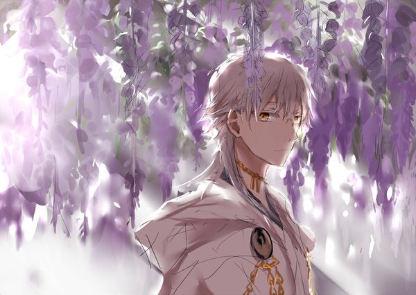 Anime picture 988x700 with touken ranbu nitroplus tsurumaru kuninaga nori (pixiv id2553939) single looking at viewer fringe short hair yellow eyes white hair sunlight sunbeam boy flower (flowers) choker hood wisteria