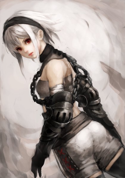 Anime picture 700x1000 with original yatsuba single tall image looking at viewer fringe short hair red eyes looking back lips back girl gloves shorts hairband armor chain bandage (bandages)