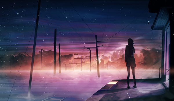 Anime picture 3840x2251 with original banishment long hair highres black hair wide image standing absurdres sky cloud (clouds) outdoors from behind night night sky evening sunset horizon landscape girl skirt