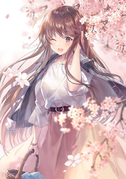 Anime picture 2480x3508 with original kagachi saku single long hair tall image looking at viewer blush fringe highres open mouth smile brown hair standing holding signed outdoors one eye closed wink grey eyes depth of field