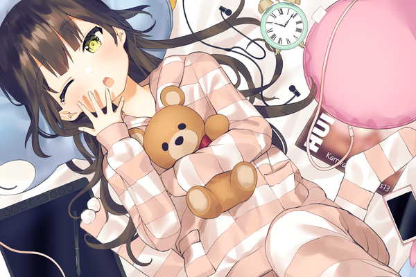 Anime picture 3000x2000 with original idemitsu single long hair blush fringe highres open mouth black hair yellow eyes lying long sleeves one eye closed from above :o on back dutch angle tears yawn sleepy