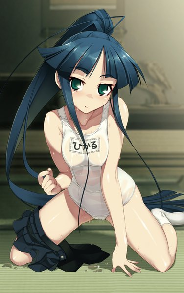 Anime picture 2257x3594 with full metal daemon muramasa nitroplus minato hikaru single tall image highres light erotic green eyes blue hair ahoge wet skirt swimsuit miniskirt one-piece swimsuit school swimsuit white school swimsuit