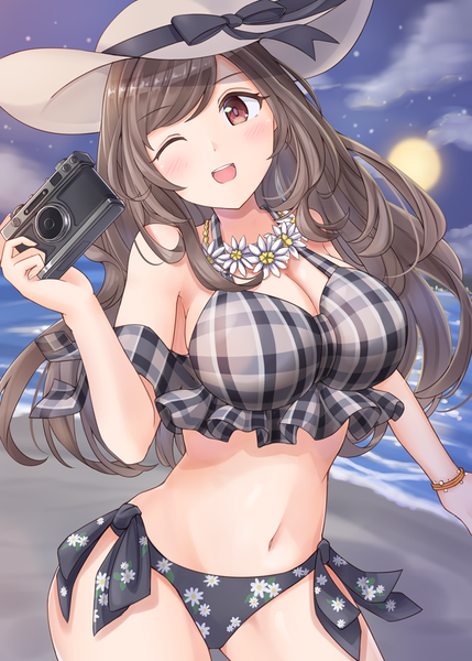 Anime picture 777x1087 with idolmaster idolmaster shiny colors tsukioka kogane sumice single long hair tall image blush breasts open mouth light erotic red eyes brown hair large breasts one eye closed wink night beach plaid girl