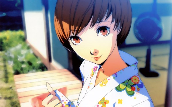 Anime picture 2560x1600 with persona 4 satonaka chie single looking at viewer highres short hair brown hair wide image brown eyes japanese clothes girl kimono fan