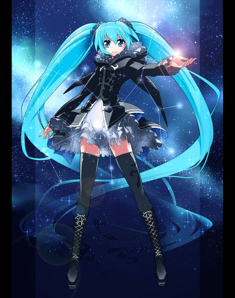 Anime picture 1342x1700 with vocaloid hatsune miku toda youkon single tall image blue eyes twintails very long hair aqua hair girl thighhighs dress black thighhighs frills thigh boots