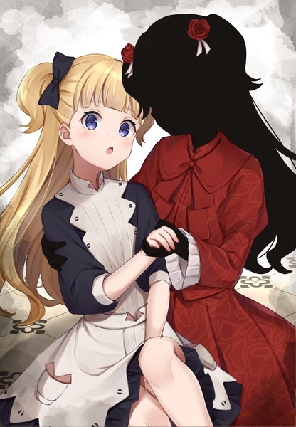 Anime picture 1865x2689 with shadows house cloverworks emilico (shadows house) kate (shadows house) kiki okina long hair tall image fringe highres open mouth blue eyes blonde hair sitting multiple girls blunt bangs :o two side up holding hands shadow (shadows house) girl