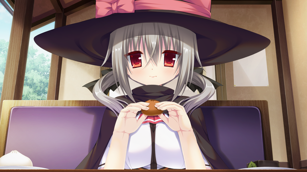 Anime picture 2048x1152 with natsu no majo no parade alisa crowley single long hair looking at viewer highres red eyes wide image game cg grey hair girl bow hair bow hat food witch hat
