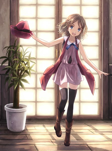 Anime picture 800x1074 with pokemon pokemon xy nintendo serena (pokemon) yakka single tall image short hair open mouth blue eyes smile brown hair indoors sunlight happy spread arms girl thighhighs dress black thighhighs