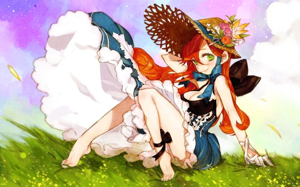 Anime picture 2764x1730 with original gwayo single long hair blush fringe highres smile green eyes cleavage barefoot wind orange hair arm support bare legs legs girl dress bow plant (plants)