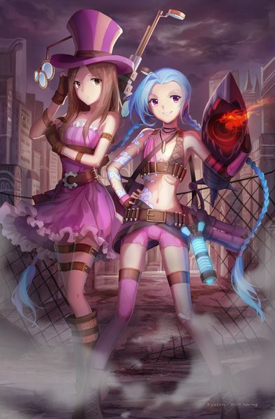 Anime picture 800x1217 with league of legends jinx (league of legends) caitlyn (league of legends) kyurin (sunnydelight) long hair tall image light erotic smile brown hair purple eyes multiple girls brown eyes blue hair sky cloud (clouds) braid (braids) very long hair bare belly midriff tattoo