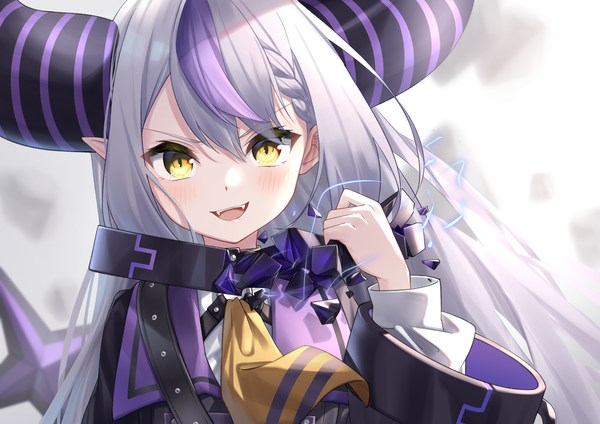 Anime picture 2047x1447 with virtual youtuber hololive la+ darknesss la+ darknesss (1st costume) tsurupy single long hair looking at viewer blush fringe highres open mouth hair between eyes yellow eyes silver hair upper body :d multicolored hair horn (horns) pointy ears