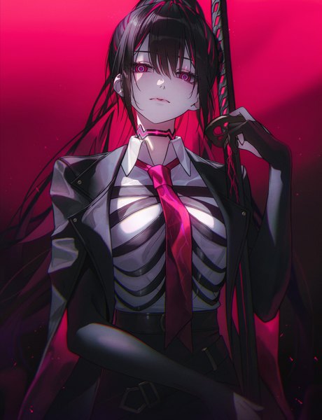Anime picture 896x1169 with legendary sword cerberus (legendary sword) andi 1021 single long hair tall image looking at viewer fringe black hair simple background hair between eyes upper body pink eyes multicolored hair arm up two-tone hair gradient background pink background colored inner hair girl
