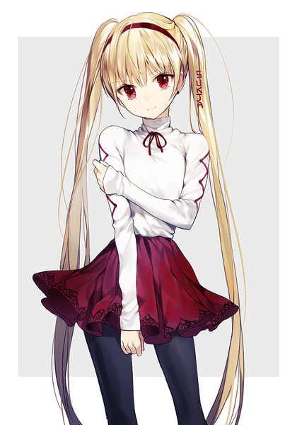 Anime picture 700x1000 with original sorolp single tall image looking at viewer fringe simple background blonde hair smile hair between eyes red eyes standing twintails signed long sleeves very long hair head tilt border sleeves past wrists outside border
