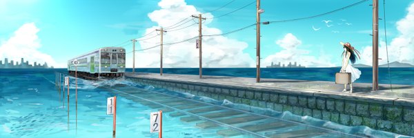 Anime picture 1500x500 with original nishiuri (artist) long hair black hair wide image cloud (clouds) girl hat animal water bird (birds) bag sundress fish (fishes) wire (wires) train
