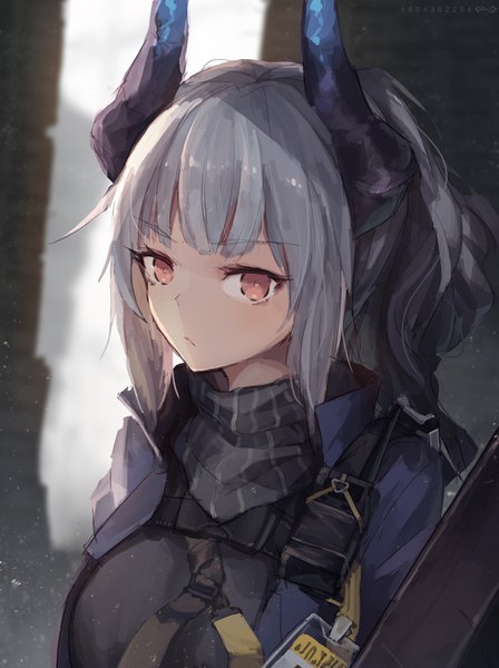 Anime picture 770x1031 with arknights liskarm (arknights) jakoujika single long hair tall image looking at viewer fringe red eyes standing upper body outdoors ponytail horn (horns) grey hair blurry open clothes open jacket girl jacket