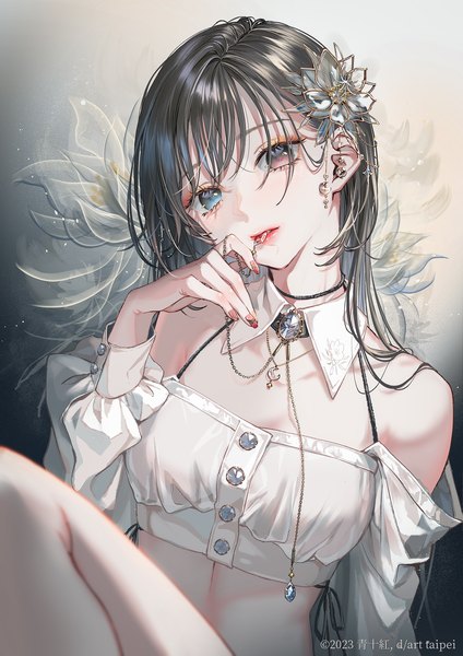 Anime picture 1500x2125 with original ao+beni single long hair tall image looking at viewer fringe blue eyes black hair bare shoulders holding brown eyes nail polish head tilt fingernails heterochromia mouth hold floral background nail art 2023