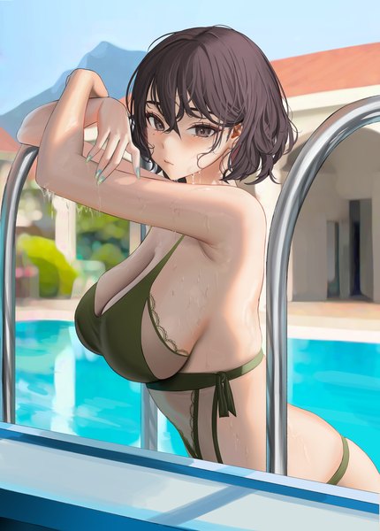 Anime picture 1642x2291 with original tokkihouse single tall image looking at viewer blush fringe short hair breasts light erotic hair between eyes brown hair large breasts standing brown eyes sky outdoors nail polish fingernails mole