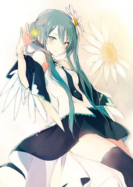 Anime picture 650x914 with vocaloid hatsune miku lpip single long hair tall image looking at viewer blush breasts smile twintails bare shoulders hair flower aqua eyes aqua hair girl thighhighs skirt flower (flowers) black thighhighs