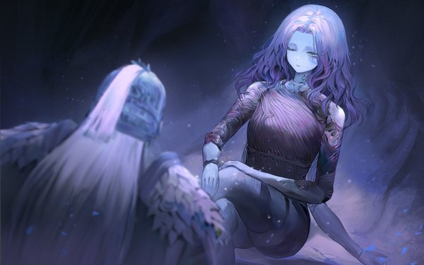 Anime picture 1750x1095 with elden ring ranni the witch tarnished (elden ring) bloody wolf (elden ring) koio long hair highres sitting purple eyes looking away white hair one eye closed from behind crossed legs spoilers ambiguous gender doll joints extra arms girl helmet