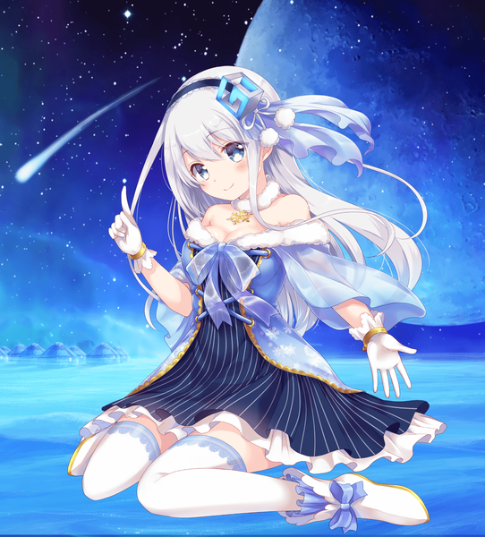 Anime-Bild 1708x1893 mit grand-design hiiragi shiroha emilion single long hair tall image looking at viewer blush highres blue eyes smile sitting bare shoulders full body white hair wariza outstretched hand shooting star girl thighhighs