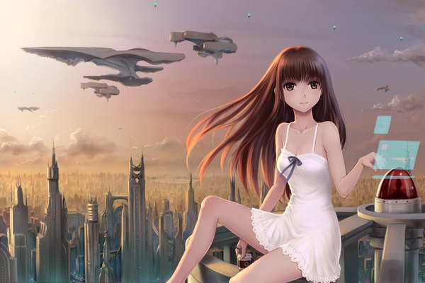 Anime picture 1920x1280 with original youbou single long hair highres smile brown hair sitting bare shoulders brown eyes sky cloud (clouds) city evening sunset cityscape girl dress sundress spacecraft