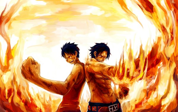 Anime picture 1112x702 with one piece toei animation monkey d. luffy portgas d. ace tsuyomaru short hair open mouth blue hair multiple boys scar topless muscle siblings back to back injury brothers foreshortening shirtless bruise boy
