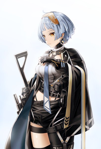 Anime picture 1500x2204 with girls frontline zas m21 (girls frontline) vvy single tall image fringe short hair simple background standing brown eyes blue hair looking away ahoge gradient background expressionless goggles on head bob cut asymmetrical legwear girl gloves